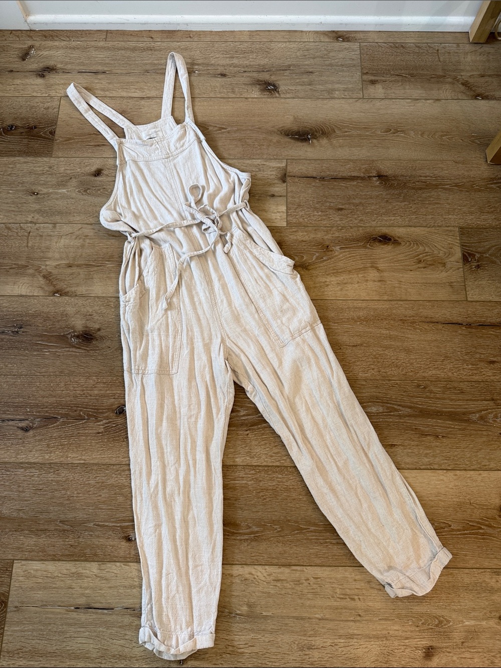 Light Beige Women's Cotton-Linen Overalls Jumpsuit